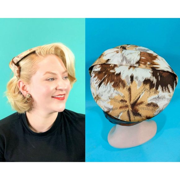 Vintage 1950s Floral Cap Brown Printed Round Hat - Picture 2 of 10